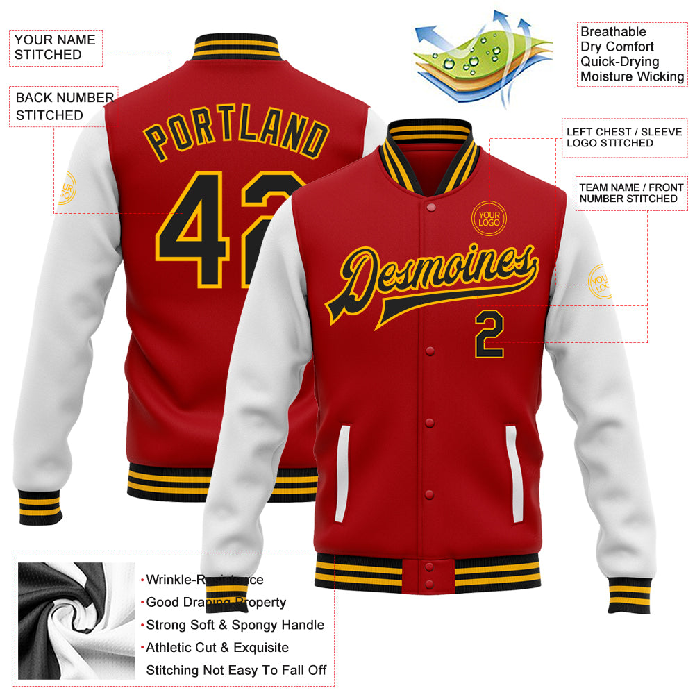 Personalized Red Black-Gold Bomber Full-Snap Varsity Letterman Two Tone Jacket Personalized Red Black-Gold Bomber Full-Snap Varsity Letterman Two Tone Jacket - Image 3