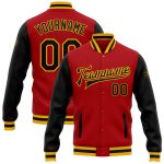 Personalized Red Black-Gold Bomber Full-Snap Varsity Letterman Two Tone Jacket Team Custom Name and Number