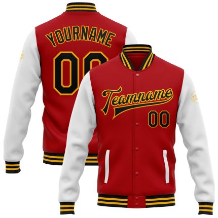 Personalized Red Black-Gold Bomber Full-Snap Varsity Letterman Two Tone Jacket