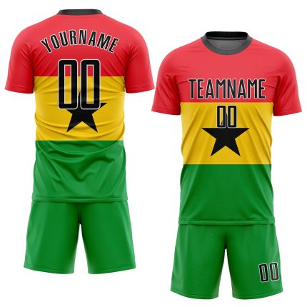 Personalized Red Black Gold-Kelly Green Sublimation Ghanaian Flag Soccer Uniform Jersey Team Custom Name and Number