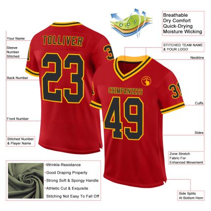 Personalized Red Black-Gold Mesh Authentic Throwback Football Jersey Team Custom Name and Number