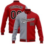 Personalized Red Black-Gray Bomber Full-Snap Varsity Letterman Split Fashion Jacket Team Custom Name and Number
