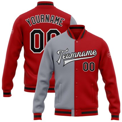 Personalized Red Black-Gray Bomber Full-Snap Varsity Letterman Split Fashion Jacket Team Custom Name and Number