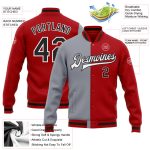 Personalized Red Black-Gray Bomber Full-Snap Varsity Letterman Split Fashion Jacket Team Custom Name and Number