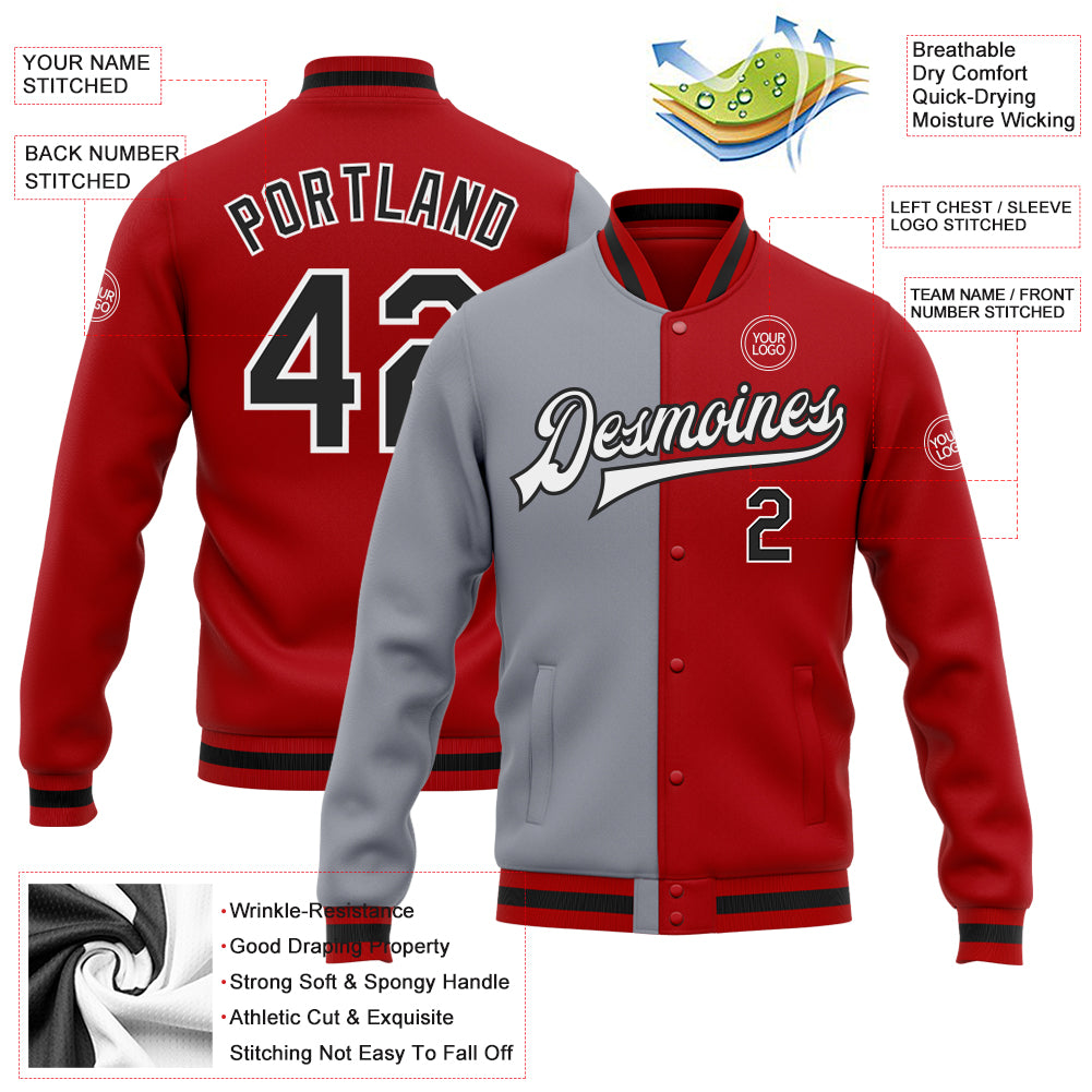 Personalized Red Black-Gray Bomber Full-Snap Varsity Letterman Split Fashion Jacket Team Custom Name and Number Personalized Red Black-Gray Bomber Full-Snap Varsity Letterman Split Fashion Jacket Team Custom Name and Number - Image 3