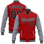 Personalized Red Black-Gray Bomber Full-Snap Varsity Letterman Two Tone Jacket Team Custom Name and Number