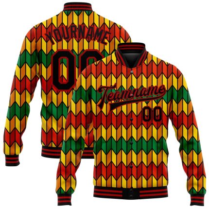 Personalized Red Black Kelly Green-Gold Black History Month 3D Pattern Design Bomber Full-Snap Varsity Letterman Jacket Team Custom Name and Number