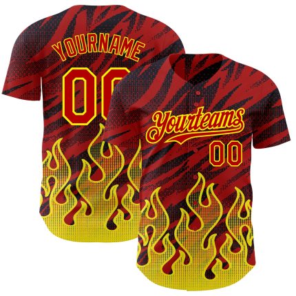 Personalized Red Black-Light Yellow 3D Pattern Design Flame Authentic Baseball Jersey Team Custom Name and Number