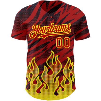 Personalized Red Black-Light Yellow 3D Pattern Design Flame Authentic Baseball Jersey Team Custom Name and Number