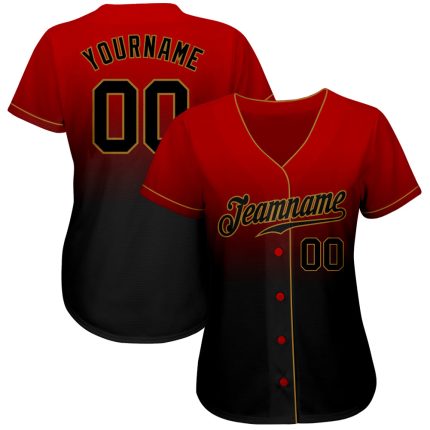 Personalized Red Black-Old Gold Authentic Fade Fashion Baseball Jersey Team Custom Name and Number