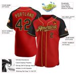 Personalized Red Black-Old Gold Authentic Raglan Sleeves Baseball Jersey Team Custom Name and Number