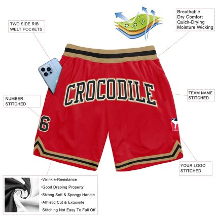 Personalized Red Black-Old Gold Authentic Throwback Basketball Shorts