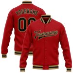 Personalized Red Black-Old Gold Bomber Full-Snap Varsity Letterman Jacket Team Custom Name and Number
