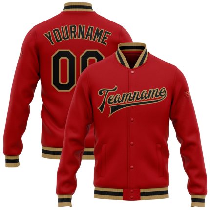 Personalized Red Black-Old Gold Bomber Full-Snap Varsity Letterman Jacket Team Custom Name and Number