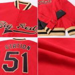 Personalized Red Black-Old Gold Bomber Full-Snap Varsity Letterman Jacket Team Custom Name and Number