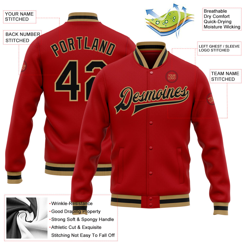 Personalized Red Black-Old Gold Bomber Full-Snap Varsity Letterman Jacket Team Custom Name and Number Personalized Red Black-Old Gold Bomber Full-Snap Varsity Letterman Jacket Team Custom Name and Number - Image 3
