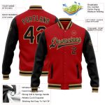 Personalized Red Black-Old Gold Bomber Full-Snap Varsity Letterman Two Tone Jacket Team Custom Name and Number