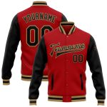 Personalized Red Black-Old Gold Bomber Full-Snap Varsity Letterman Two Tone Jacket Team Custom Name and Number