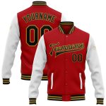 Personalized Red Black-Old Gold Bomber Full-Snap Varsity Letterman Two Tone Jacket