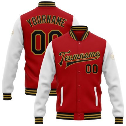 Personalized Red Black-Old Gold Bomber Full-Snap Varsity Letterman Two Tone Jacket