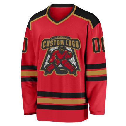 Personalized Red Black-Old Gold Hockey Jersey Team Custom Name and Number