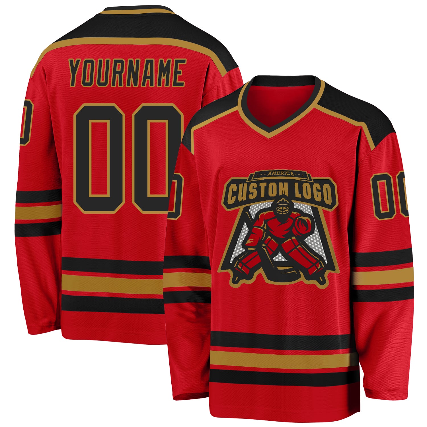 Personalized Red Black-Old Gold Hockey Jersey Team Custom Name and Number