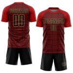 Personalized Red Black-Old Gold Lines Sublimation Soccer Uniform Jersey Team Custom Name and Number