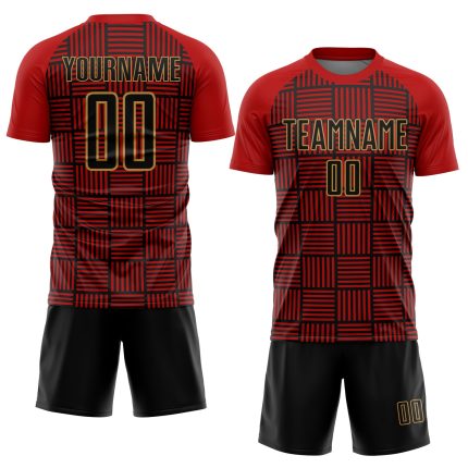 Personalized Red Black-Old Gold Lines Sublimation Soccer Uniform Jersey Team Custom Name and Number