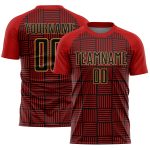 Personalized Red Black-Old Gold Lines Sublimation Soccer Uniform Jersey Team Custom Name and Number
