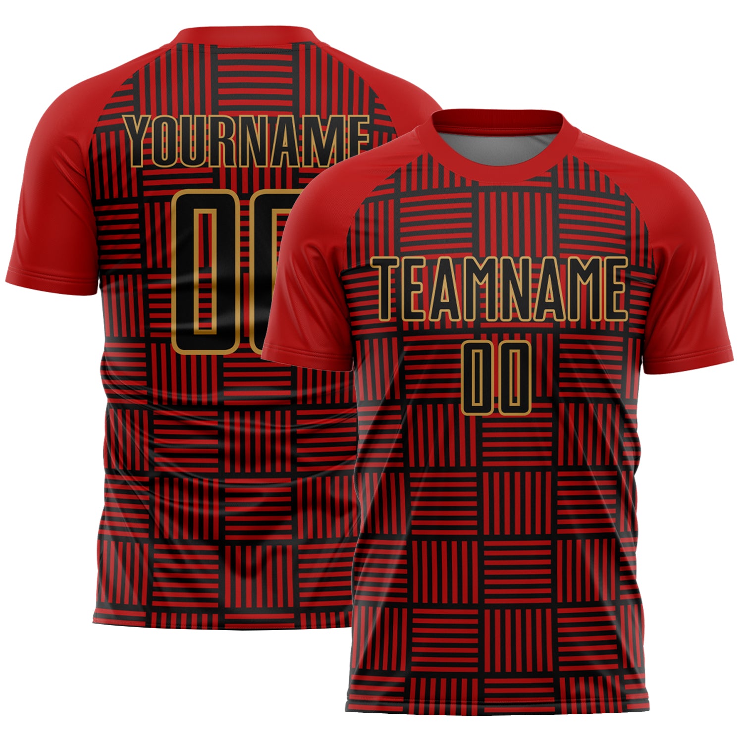 Personalized Red Black-Old Gold Lines Sublimation Soccer Uniform Jersey Team Custom Name and Number