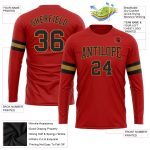 Personalized Red Black-Old Gold Long Sleeve Performance T-Shirt Team Custom Name and Number