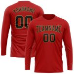 Personalized Red Black-Old Gold Long Sleeve Performance T-Shirt Team Custom Name and Number