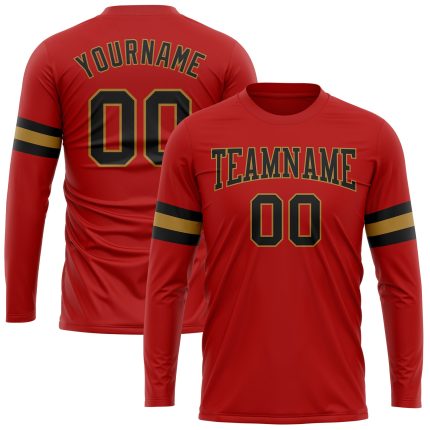 Personalized Red Black-Old Gold Long Sleeve Performance T-Shirt Team Custom Name and Number