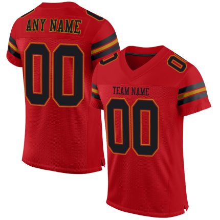 Personalized Red Black-Old Gold Mesh Authentic Football Jersey Team Custom Name and Number
