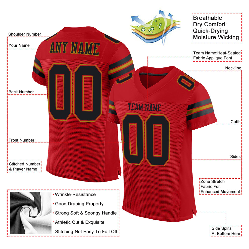 Personalized Red Black-Old Gold Mesh Authentic Football Jersey Team Custom Name and Number Personalized Red Black-Old Gold Mesh Authentic Football Jersey Team Custom Name and Number - Image 4
