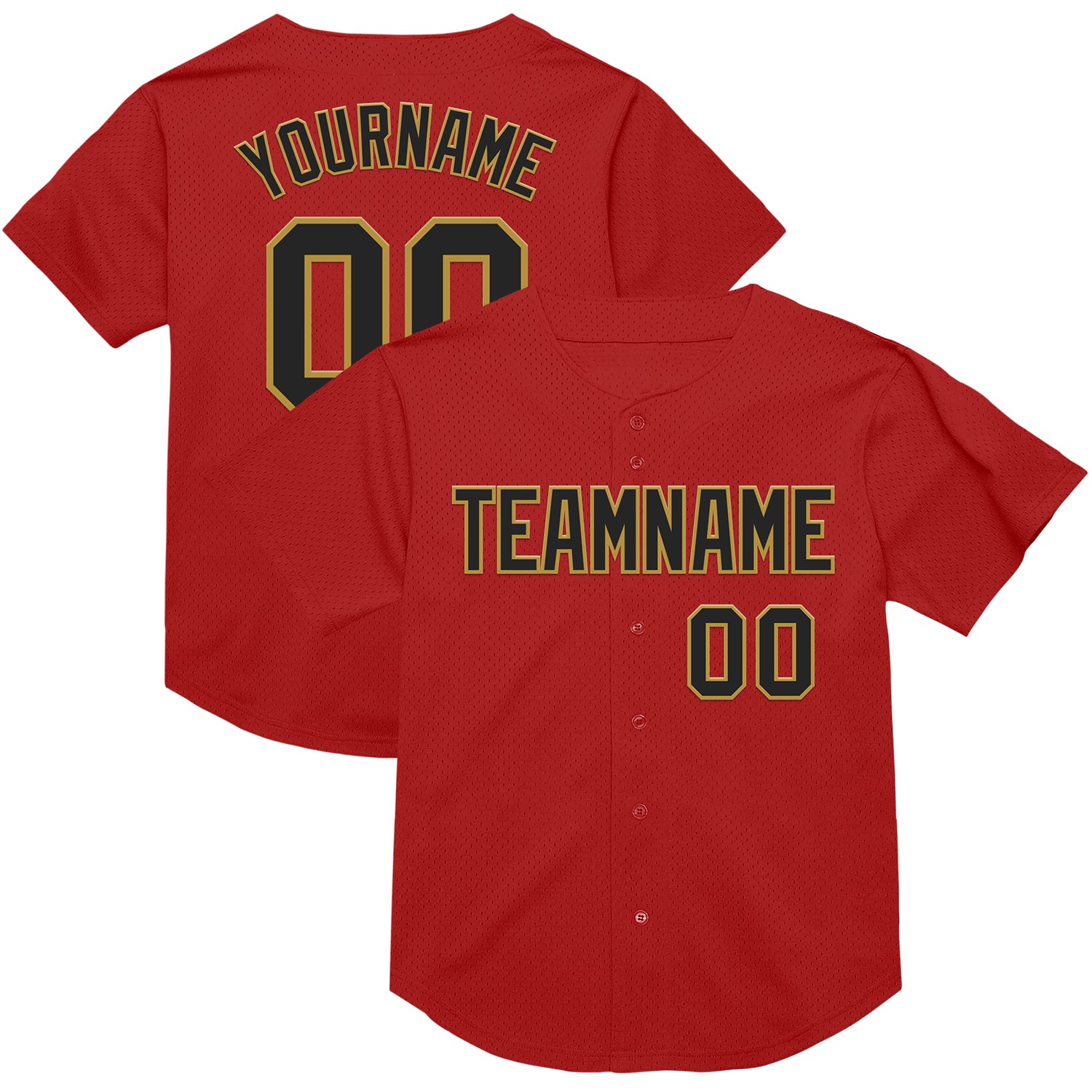 Personalized Red Black-Old Gold Mesh Authentic Throwback Baseball Jersey