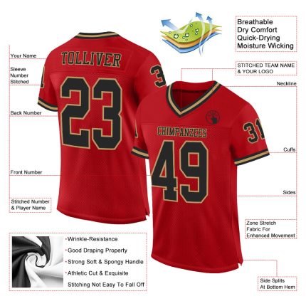 Personalized Red Black-Old Gold Mesh Authentic Throwback Football Jersey Team Custom Name and Number