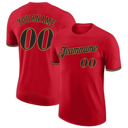 Personalized Red Black-Old Gold Performance T-Shirt Team Custom Name and Number
