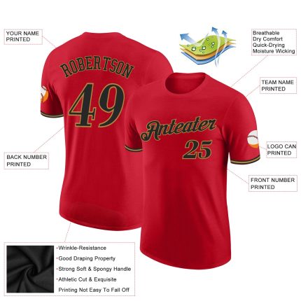 Personalized Red Black-Old Gold Performance T-Shirt Team Custom Name and Number
