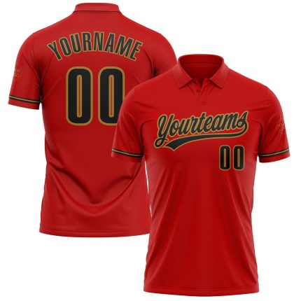 Personalized Red Black-Old Gold Performance Vapor Golf Polo Shirt Team Custom Name and Number