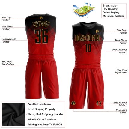 Personalized Red Black-Old Gold Round Neck Sublimation Basketball Suit Jersey Team Custom Name and Number