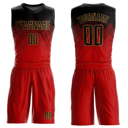 Personalized Red Black-Old Gold Round Neck Sublimation Basketball Suit Jersey Team Custom Name and Number