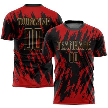 Personalized Red Black-Old Gold Sublimation Soccer Uniform Jersey Team Custom Name and Number
