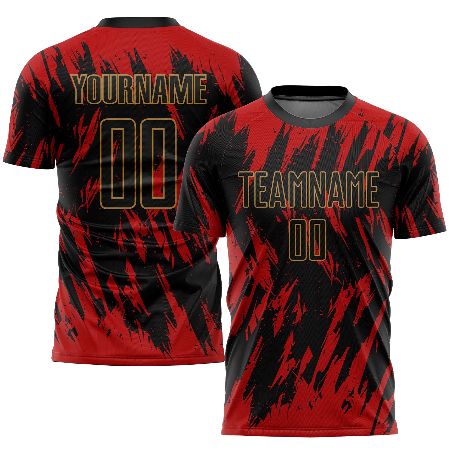 Personalized Red Black-Old Gold Sublimation Soccer Uniform Jersey Team Custom Name and Number