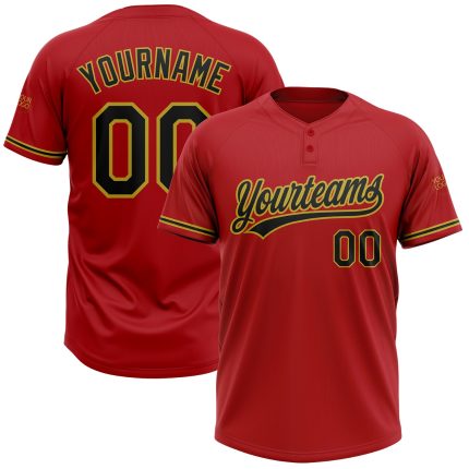 Personalized Red Black-Old Gold Two-Button Unisex Softball Jersey Team Custom Name and Number