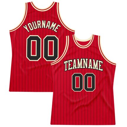 Personalized Red Black Pinstripe Black-Cream Authentic Basketball Jersey Team Custom Name and Number