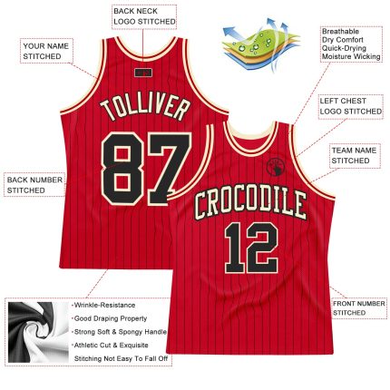 Personalized Red Black Pinstripe Black-Cream Authentic Basketball Jersey Team Custom Name and Number