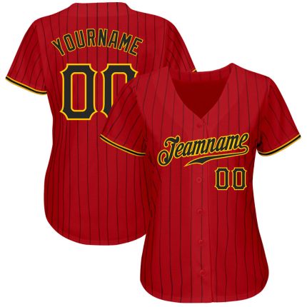 Personalized Red Black Pinstripe Black-Gold Authentic Baseball Jersey Team Custom Name and Number