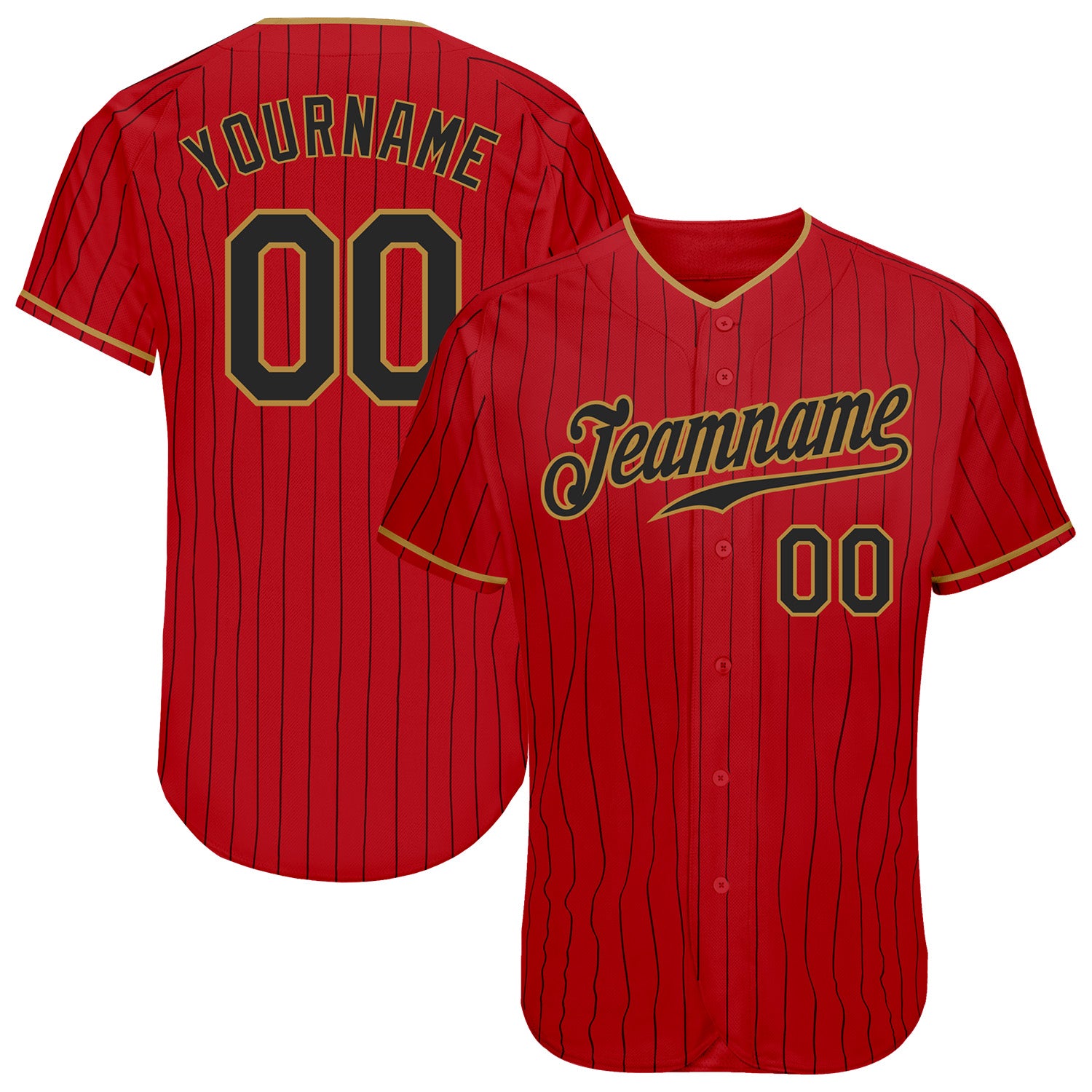 Personalized Red Black Pinstripe Black-Old Gold Authentic Baseball Jersey Team Custom Name and Number