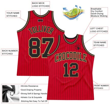 Personalized Red Black Pinstripe Black-Old Gold Authentic Basketball Jersey Team Custom Name and Number